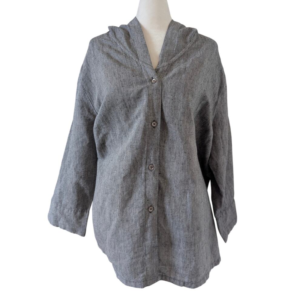 Partners' Grey Linen Button Up Hoodie 3/4 Wide Sleeve Blouse XL
